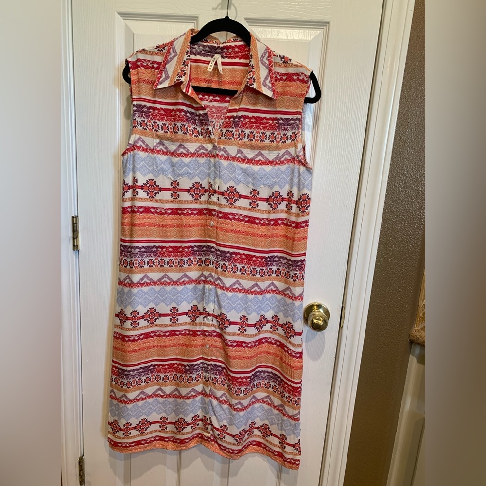 Roper Sleeveless Collared Midi Dress in Coral, Red & White